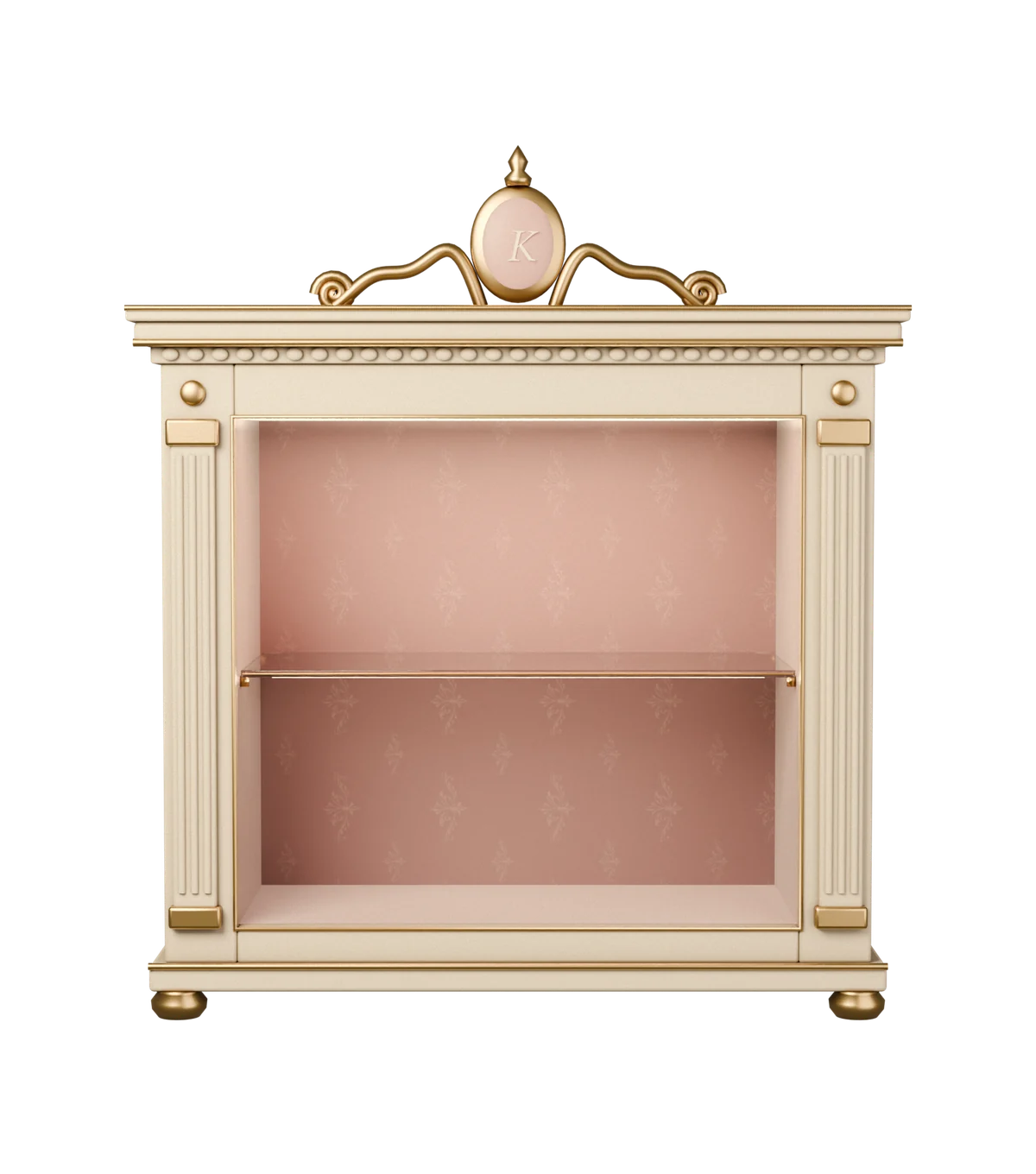 An antique cream and gilt curio cabinet lined with rose damask